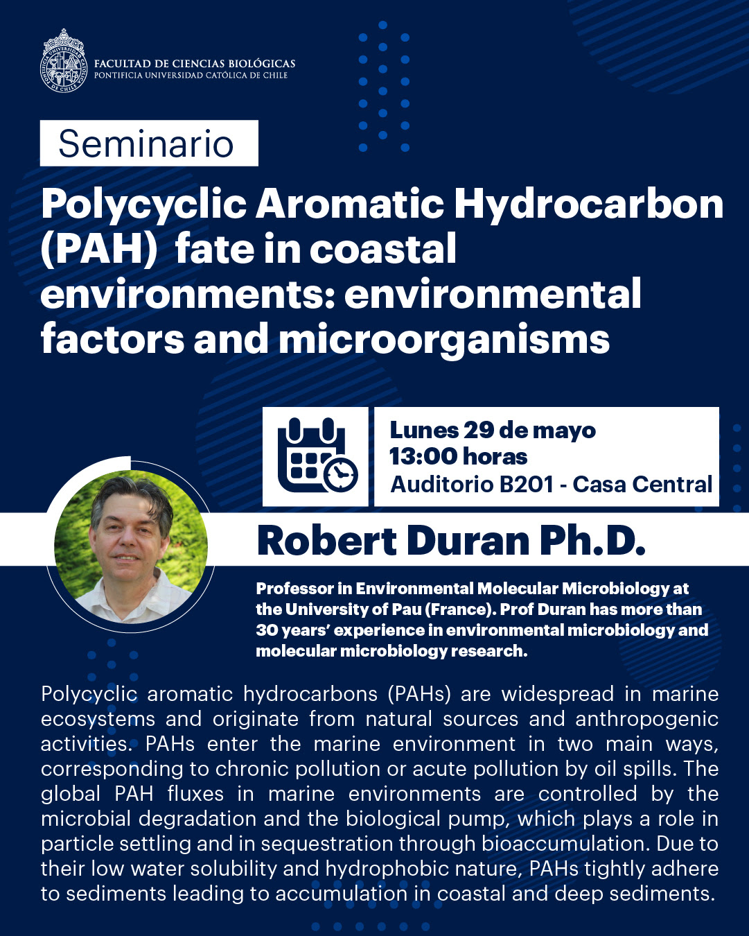 Seminario :: Polycyclic Aromatic Hydrocarbon (PAH) Fate in Coastal Environments: Environmental Factors and Microorganismn